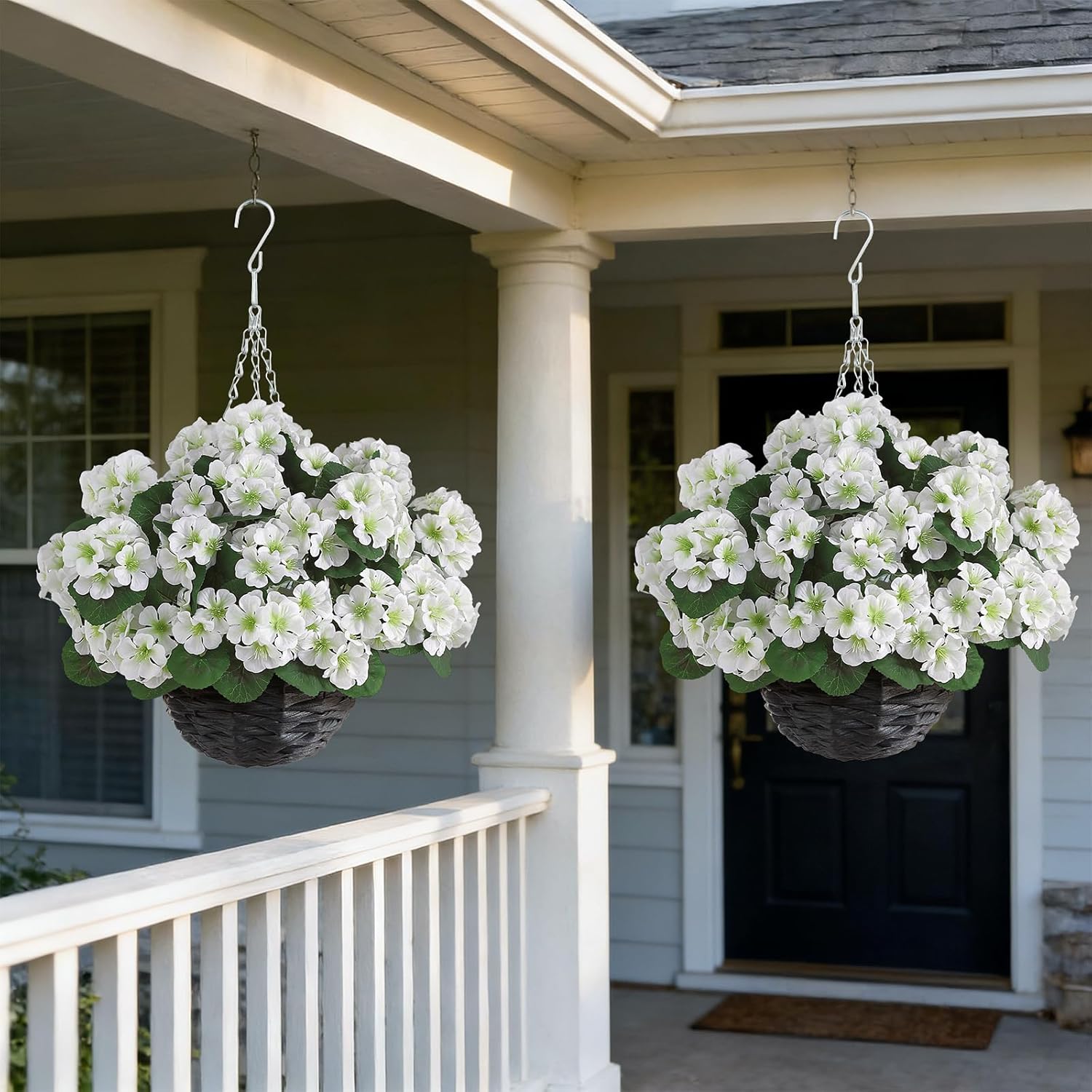 Incomplete ))))))GLIDLION 2 Set Artificial Geraniums Flowers with Hanging Baskets for Outdoors - Sun Resistant Silk with Geranium Flowers, Fake Hanging Planters for Front Porch Garden Patio Home Decor (White)