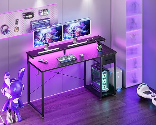 Miniatura 2 de AODK Escritorio para computadora de juegos con toma de corriente y tira de luz LED, escritorio de oficina en casa de 55 pulgadas con soporte
