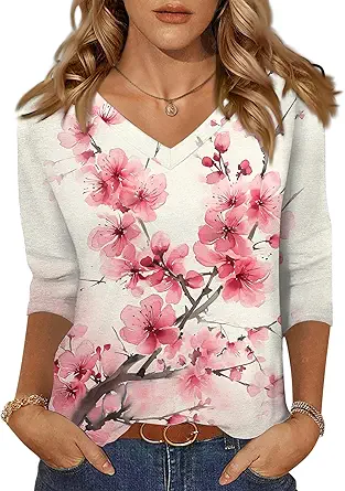 HTHLVMD Womens 3/4 Length Sleeve Tunic Tops Summer Fall Outfits 2025 Three Quarter Sleeve Casual V Neck T Shirts for Women