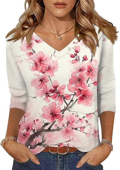 HTHLVMD Womens 3/4 Length Sleeve Tunic Tops Summer Fall Outfits 2025 Three Quarter Sleeve Casual V Neck T Shirts for Women