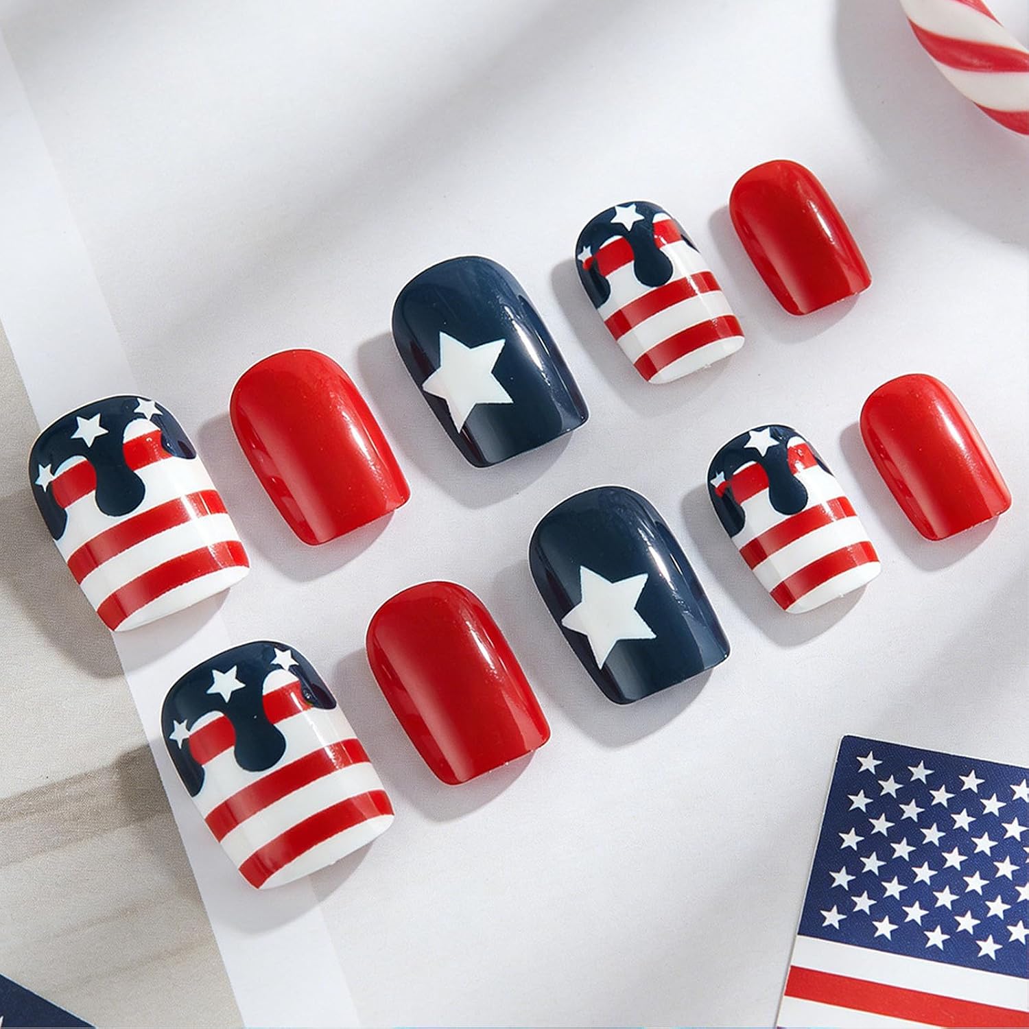 4th of July Press on Nails Short Square Fourth of July Fake Nails with Stars Stripes Designs Red White Blue Independence Day Acrylic Glue Stick on Nails Press ons for Women 24 Pcs
