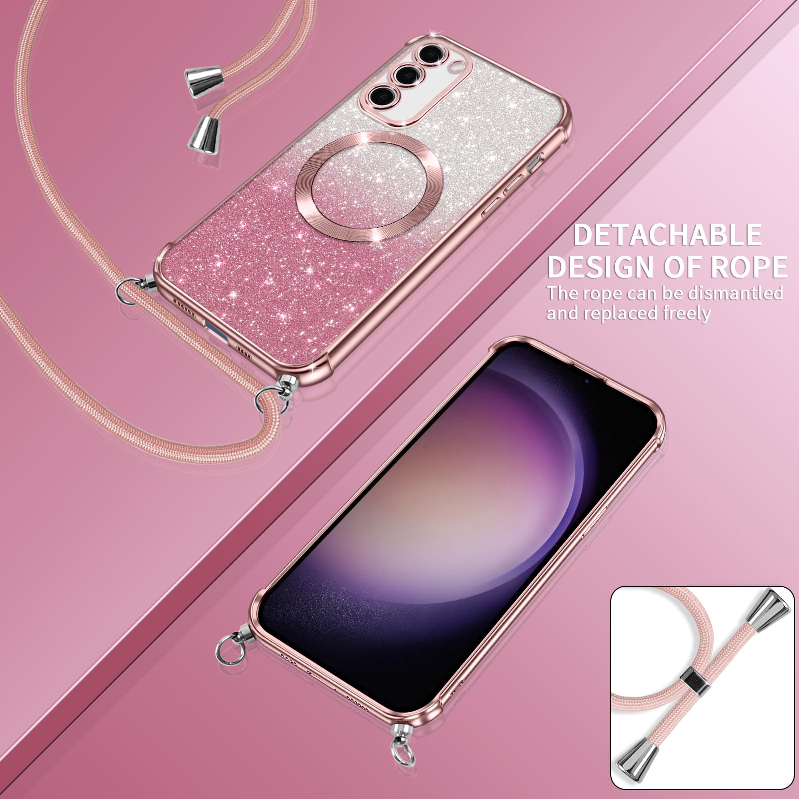 Phoona Etui z łańcuchem na telefon komórkowy do Samsunga Galaxy S23 Plus 5G z paskiem [Kompatybilne z MagSafe], luksusowe etui z błyszczącym powłokiem magnetycznym do Samsunga S23 Plus 5G, ochronne