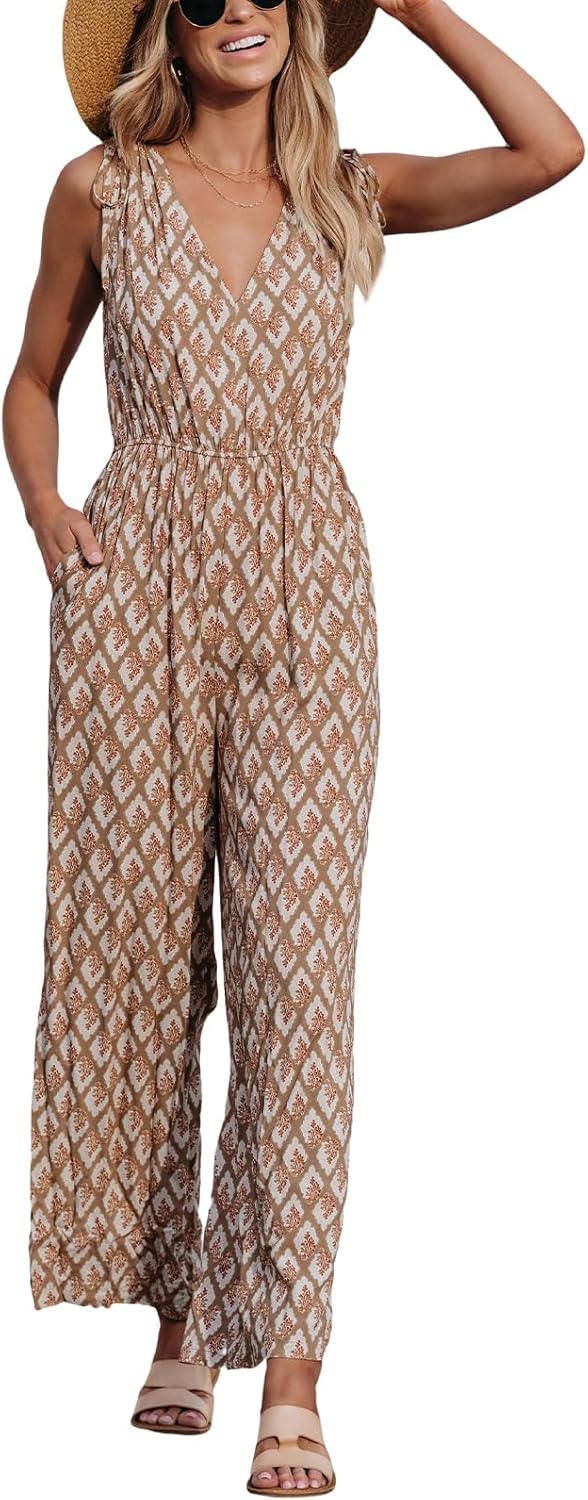 CUPSHE Women's Jumpsuits Wide Leg Romper Sleeveless V Neck Overall Drawstring Shoulders Outfit Casual Beach