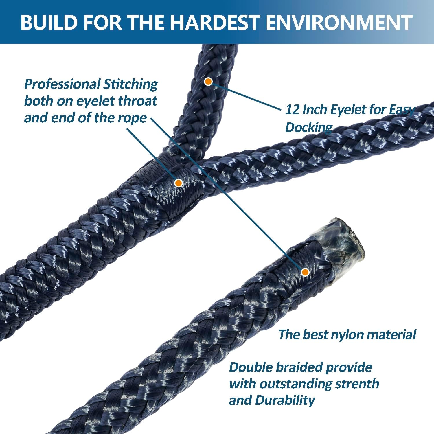 1/2” x 15' Marine-Grade Double-Braided Nylon Dock Line with 12” Eyelet.Hi-Performance Boat Rope Mooring Rope Dock Line (2 Pack, Navy Blue) - Image 4