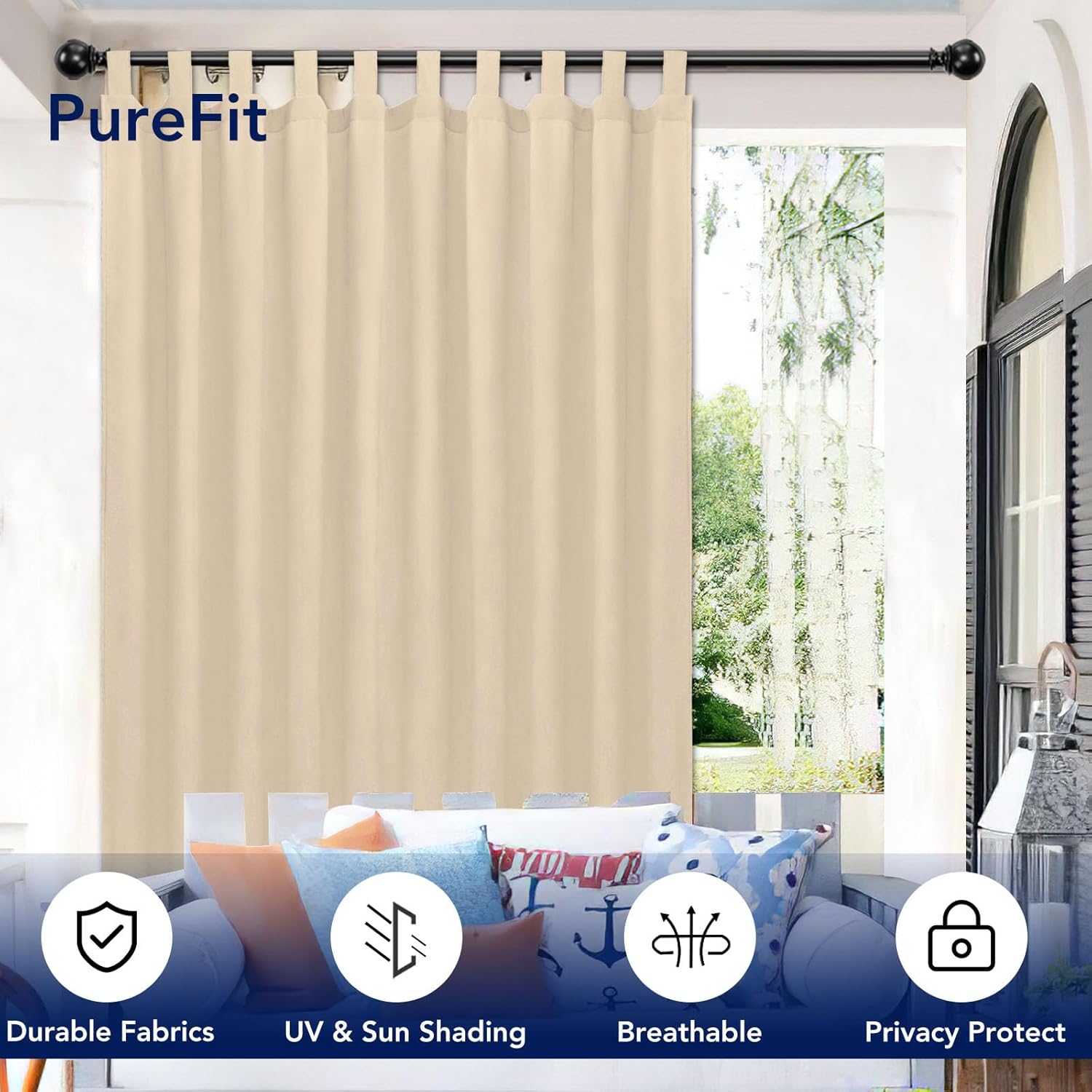 PureFit Outdoor Curtains for Detachable Sticky Tab Top Patio Waterproof/Weatherproof, UV and Fade Resistant Outside Curtains for Gazebo, Porch, Pergola, Privacy Curtain, 110 x 96 inch, 2 Panels, Beige