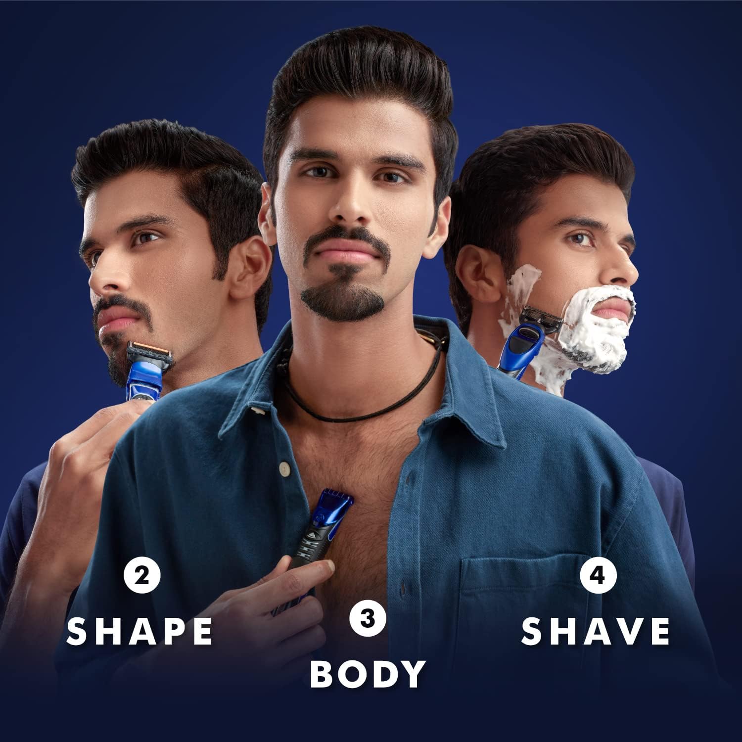 A composite image showing a man using the Gillette ProGlide Styler for shaping his beard, body grooming, and traditional shaving.