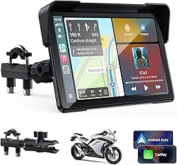 Volam Pantalla Carplay para Motocicleta, CarPlay y Android Auto Inalámbricos, 7 Pulgadas Pantalla Táctil Impermeable IP67 con Navegación GPS, Doble Bluetooth, Asistente de Voz, Plug y Play
