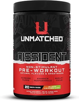 Unmatched Dissident Non-Stim Pre-Workout, Pump & Focus, Blood Orange Lime | 20 Serv, Endurance Support, Workout Performance, Nitric Oxide Support, Citrulline, Beta Alanine, Natural Flavors & Sweeteners