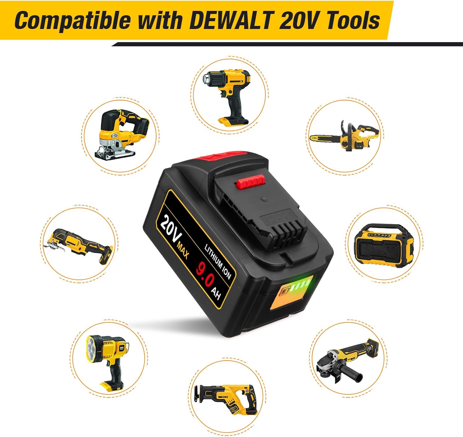 FirstPower Pro 9.0Ah DCB200 battery surrounded by various compatible DeWalt 20V tools such as a jigsaw, circular saw, impact wrench, and angle grinder.