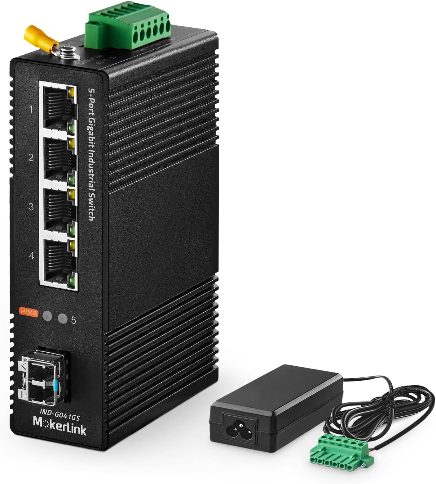 MokerLink 5 Port Industrial DIN-Rail Network Switch, 4 Gigabit Ethernet, 1 SFP, 14Gbps Switching Capacity, IP40 Rated (-40 to 185F), With UL Power Supply