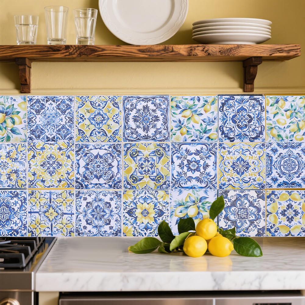 GOMAKERER 48 Pcs 24 Styles Tile Stickers, 6x6 Inch Lemon Flower Geometric Pattern Wall Tile Stickers Removable Tiles Backsplash Waterproof Self Adhesive Stick on Decals for Kitchen Bathroom Wall Art