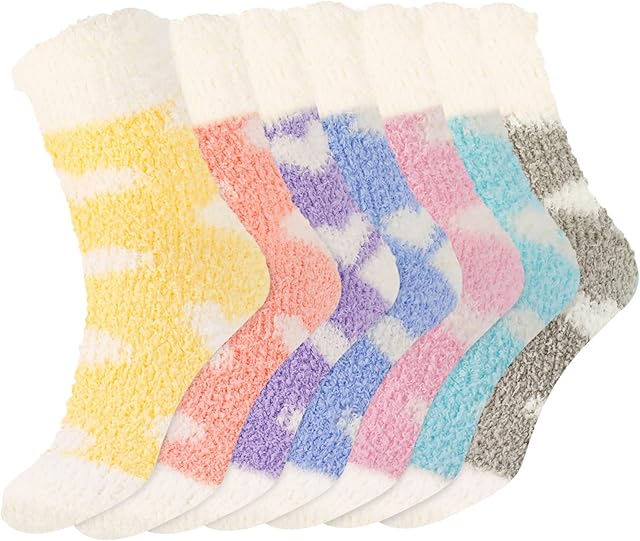 Firtink 7 Pairs Fluffy Socks for Women and Girls, Warm Soft Cozy Thick Crew Socks, Thicken Fuzzy Comfy Winter Socks with Heart Pattern for Casual Home Sleeping