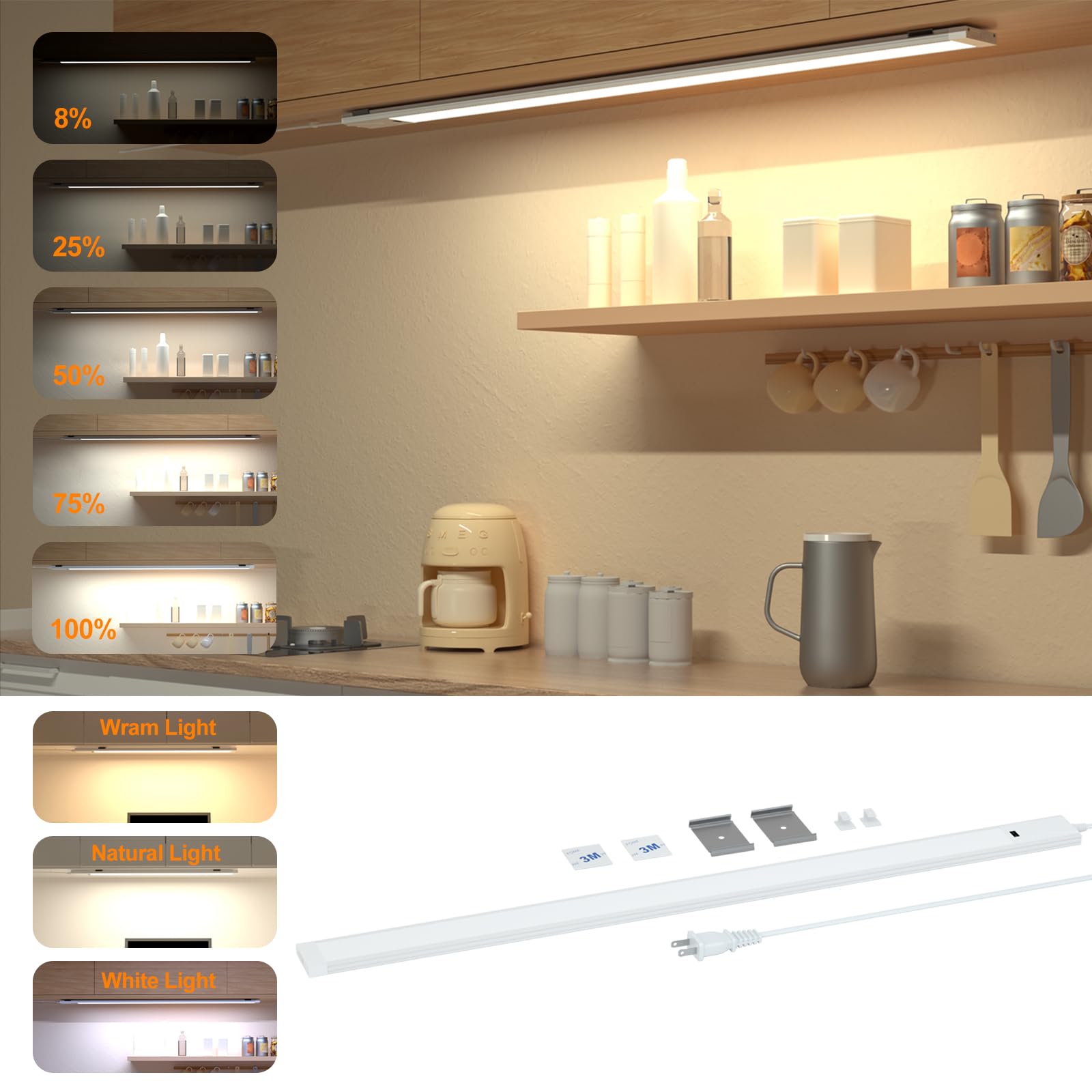 Photo 1 of 16 Inch Under Cabinet Lights with Hand Wave, Plug and Play, Ultra Bright 3000K/4000K/6000K Under Counter Lights, Dimmable LED Under Cabinet Lighting for Kitchen Cabinet, Cupboard, Closet, Desk(1 Pack)