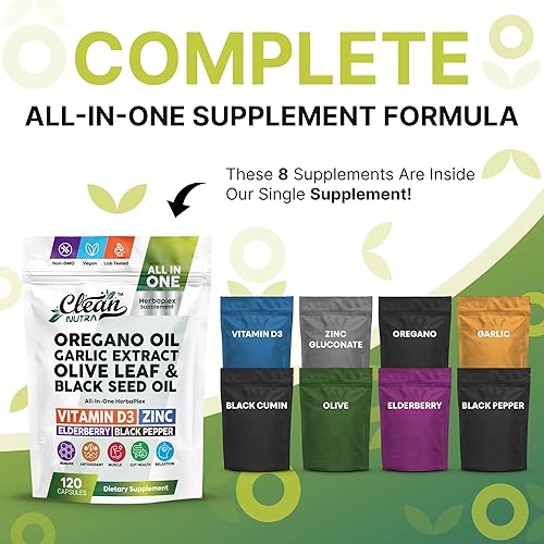 Miniatura 2 de Suplemento Clean Nutra HerbaPlex, aceite de orégano, extracto de ajo, hoja de olivo, aceite de semilla negra, vitamina D3, zinc, saúco, 120 cápsulas