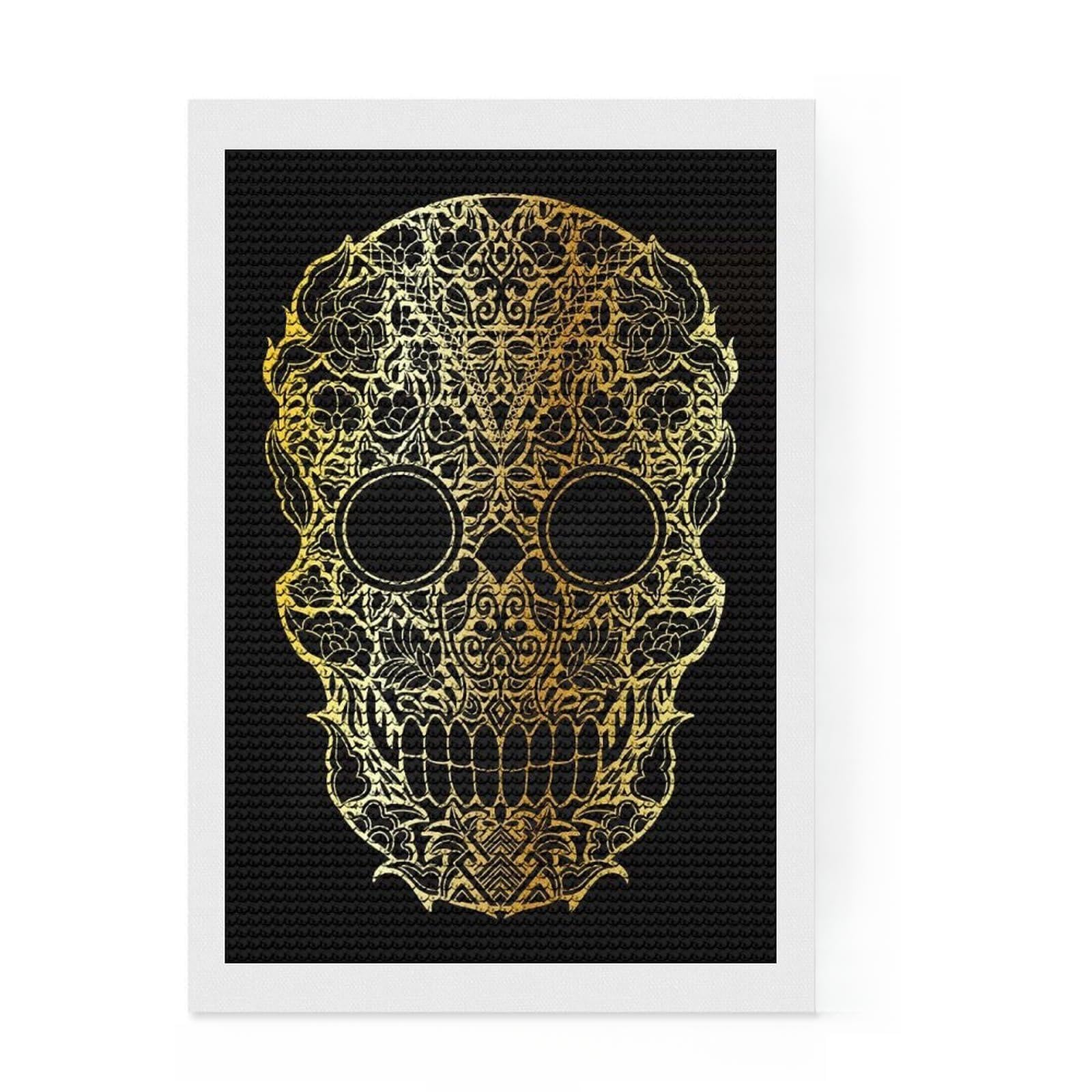 Junmoney Skull Gold Ornament DIY Diamond Art Canvas Kit 8"x12", Neat Printed Canvas, Mindful Craft Activity, Office Decor, Gift Idea