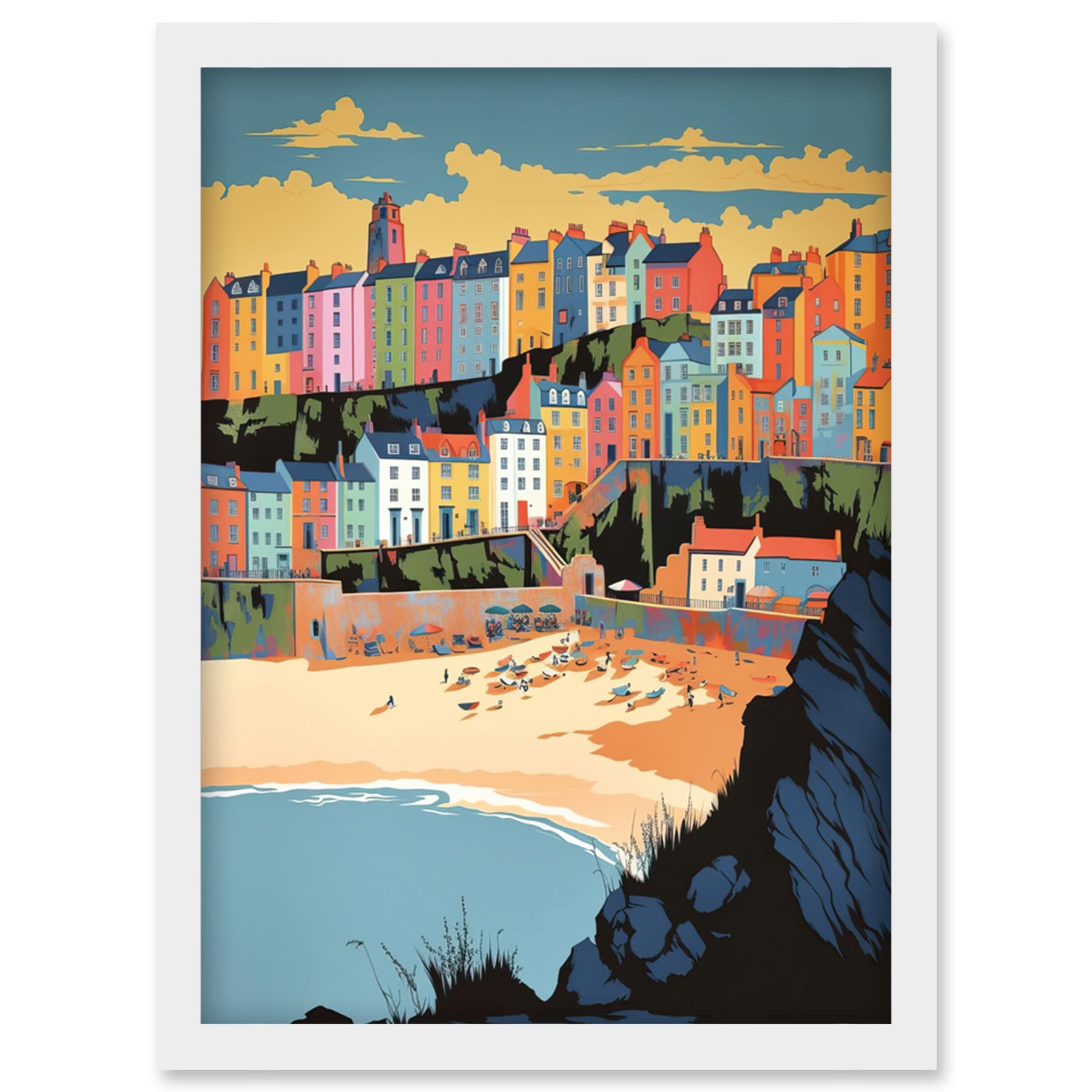 Artery8 Tenby Castle Beach Coastal Town Summer in Wales Artwork Framed Wall Art Print A4