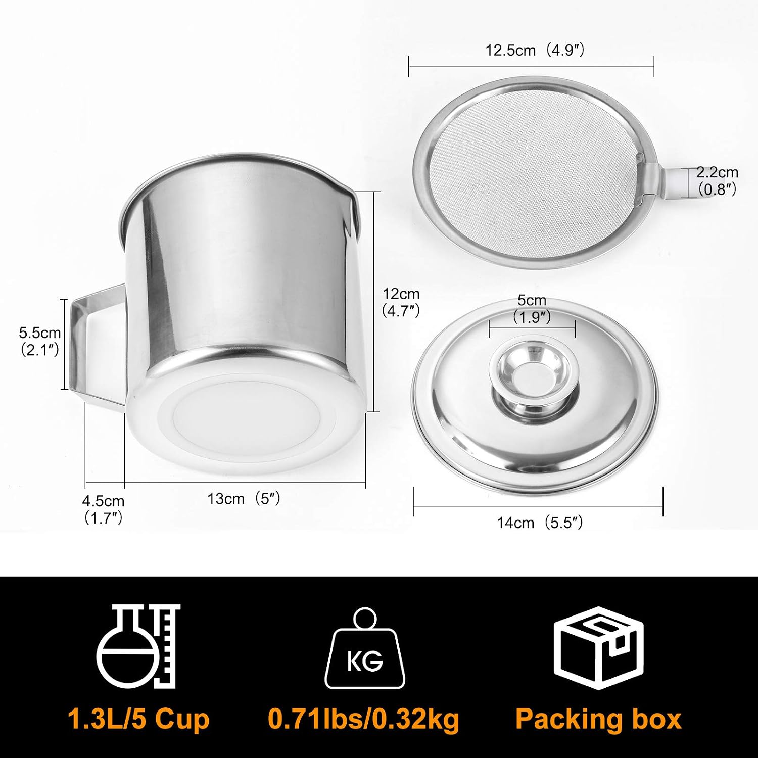 Bacon Grease Container with Stainless Steel Grease Strainer Perfect As Pan Grease Holder, Cooking Oil Keeper and Storage(1.25 Quart | 5 Cups)