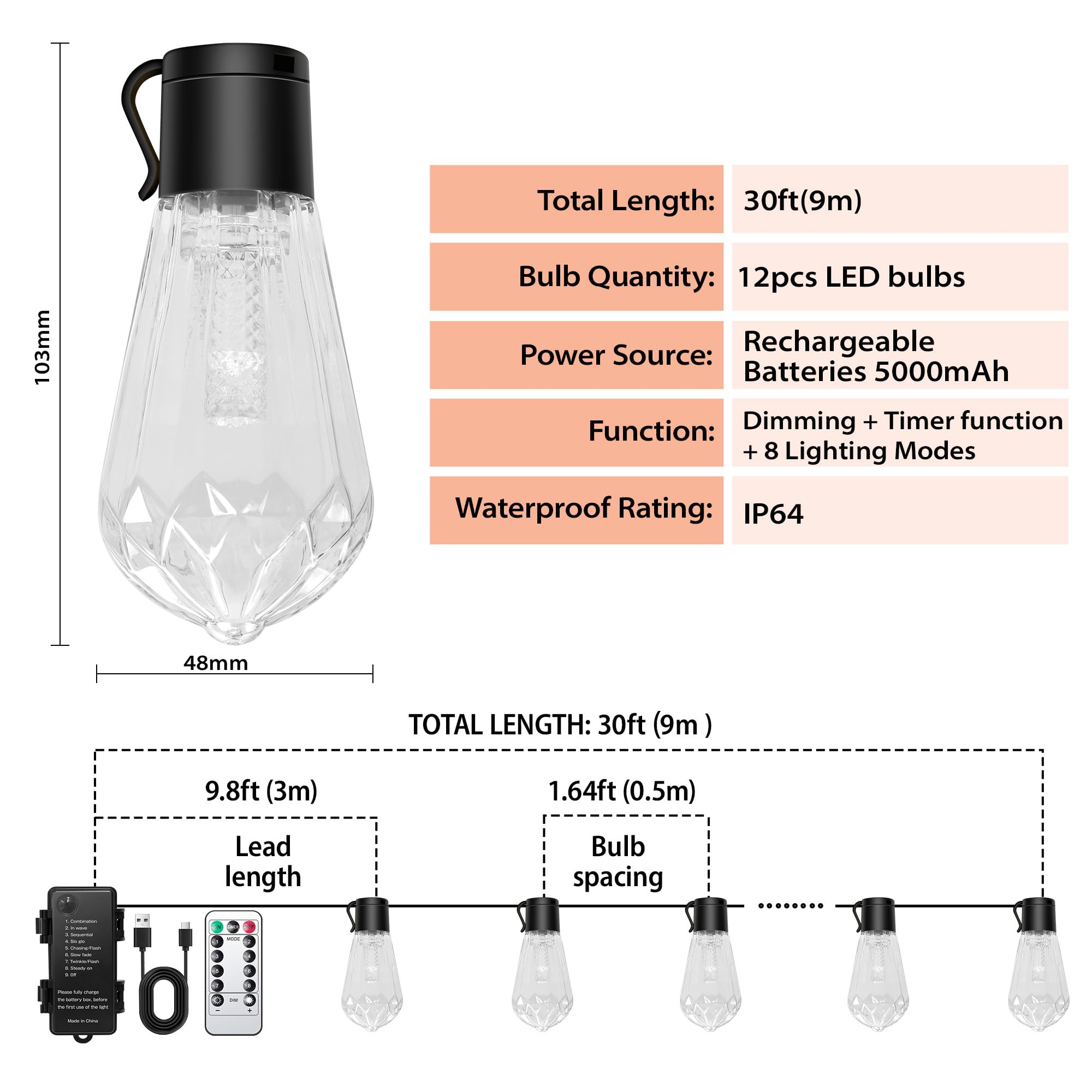 Guirlande lumineuse de jardin d'extérieur rechargeable à piles 5000 mAh étanche 9 m avec télécommande, portable pour terrasse, tonnelle, café