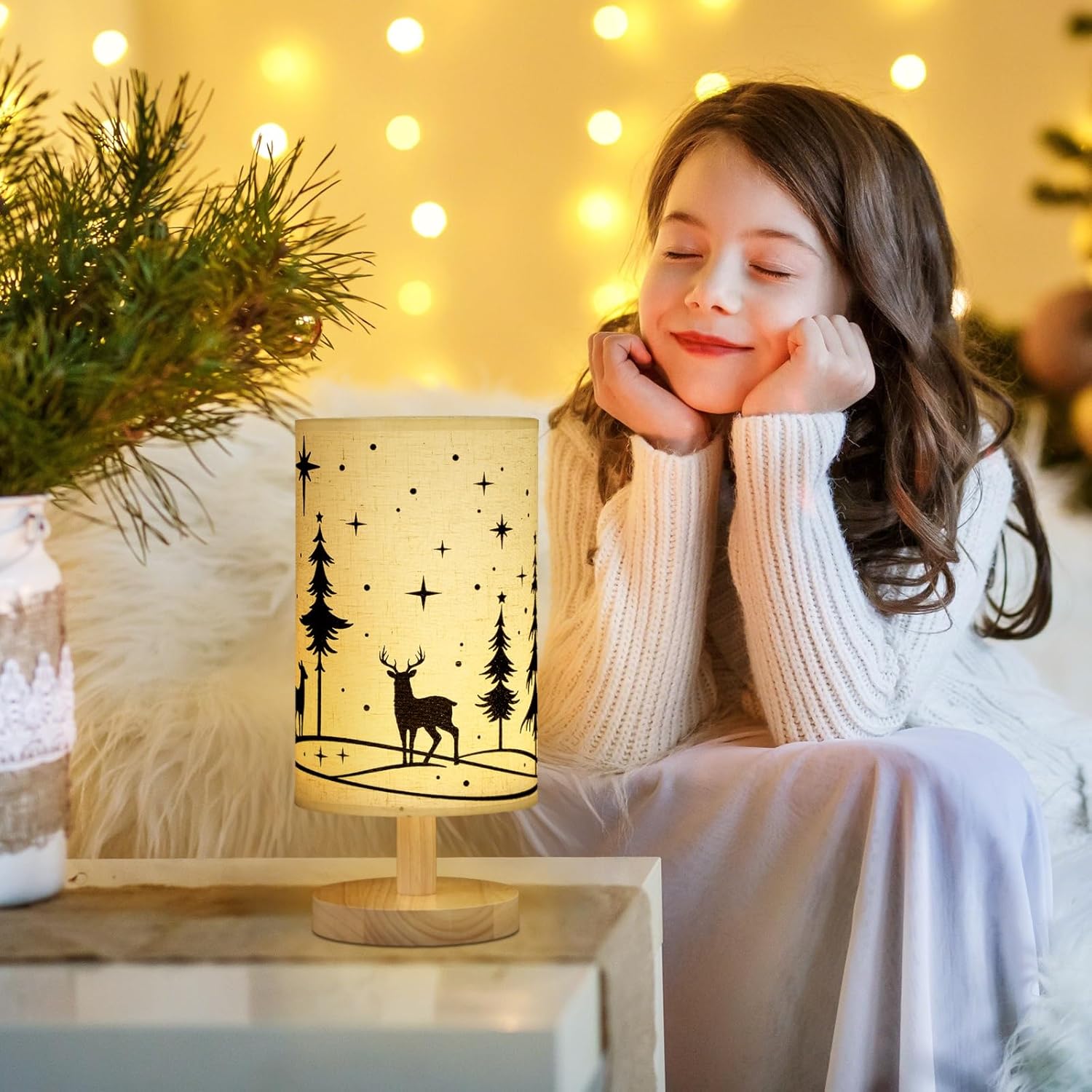 Glooglitter Christmas Lamp Christmas Decorations Indoor 11.6 Inch Small Xmas Tree Deer Bedside Table Light LED Desk Light USB Nightstand Lamp with Non Slip Wood Base Lampshade for Gifts Home Desk