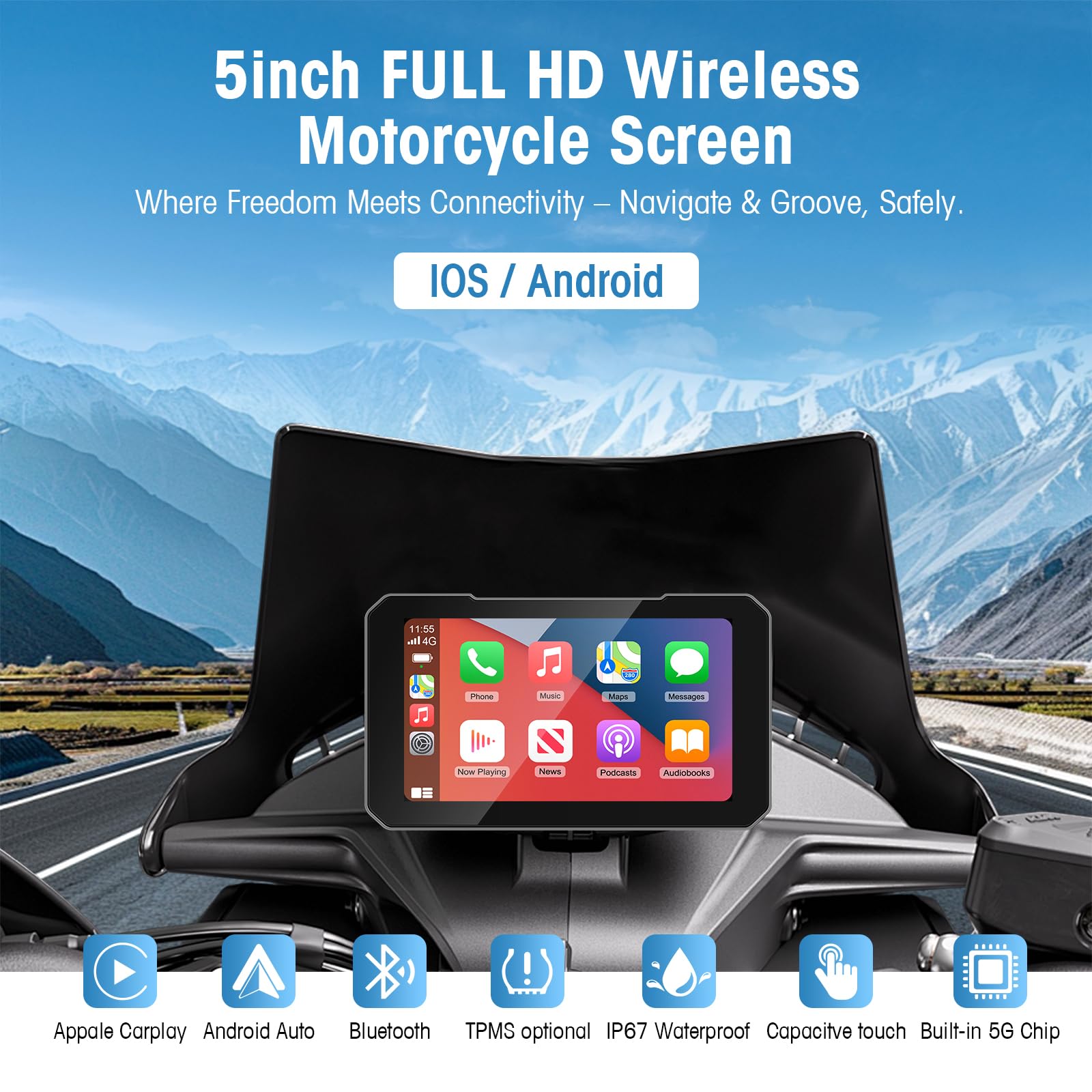 LEXXSON 5 Zoll Motorrad Carplay Display, Wireless Carplay & Android Auto, IP67 wasserdichtes GPS-Navigationsgerät, HD-Touchscreen, schneller Start, Audio- und Videotrennung für Motorräder