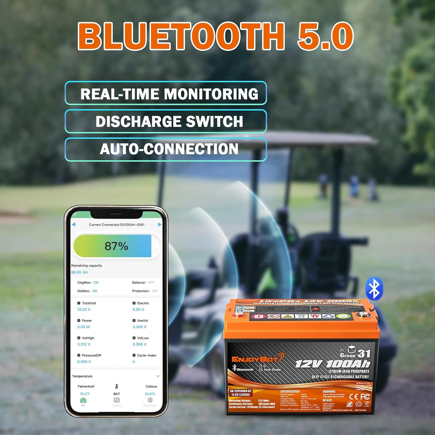 Enjoybot 48V 100Ah LiFePO4 Lithium Golf Cart Battery - 4 X 12V 100Ah Group 31 Bluetooth LiFePO4 Battery, Built-in 100A BMS with Low-Temp Protection, Peak Current of 350A