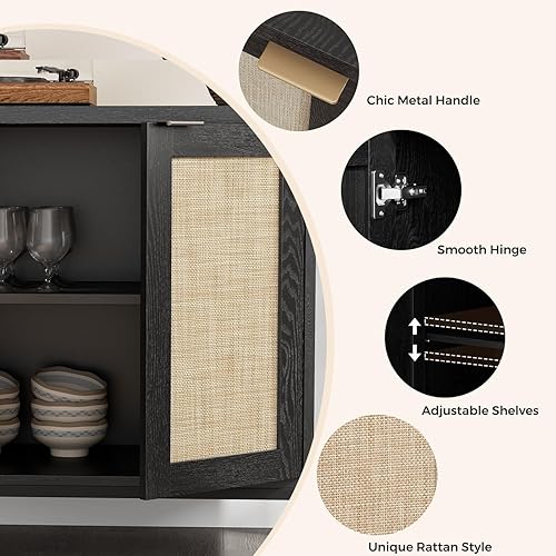 Miniatura 5 de Gabinete de buffet, armario de almacenamiento bohemio con estantes ajustables, aparador de café con puerta decorada de ratán, mesa consola de