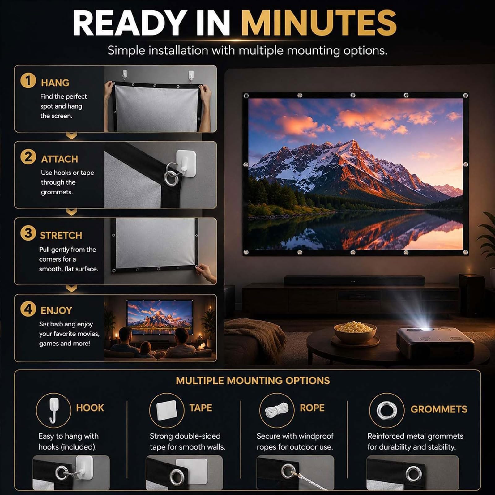 Schermo metallico anti-luce, schermo di proiezione 4K HD 16:9, pieghevole, portatile, per esterni, montaggio a parete, per home theater, ufficio e campeggio (120 pollici)