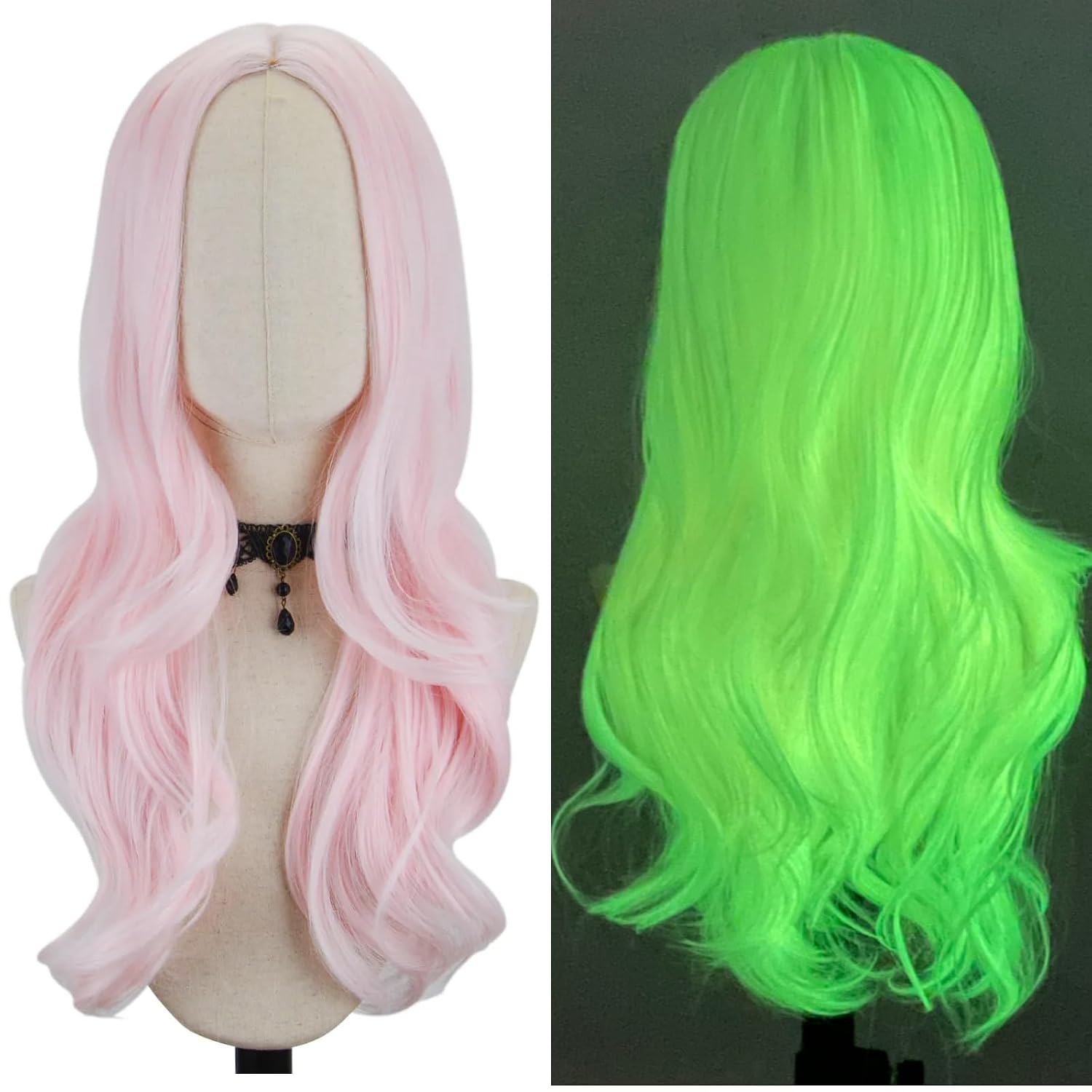FREE BEAUTY Glow in the Dark Wig With Bangs for Women 26 Inch Long Wavy Hair Wig Blue Wig Synthetic Heat Resistant Fiber Wig for Halloween Party Cosplay Use