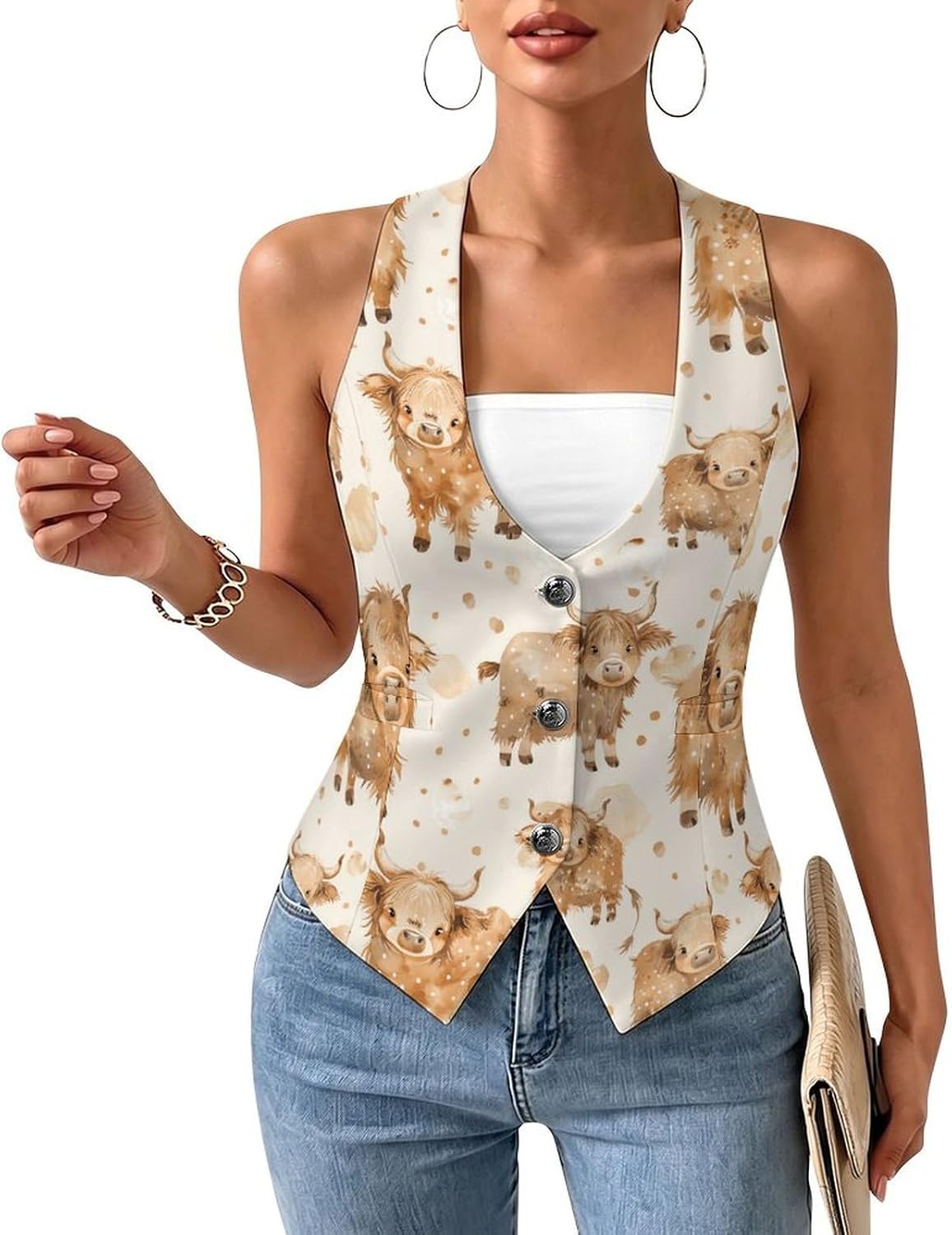 Cute Scottish Highland Cow Women's Tuxedo Waistcoat Suit Vest | 3 Button V-Neck Slim Fit Casual Sleeveless Top