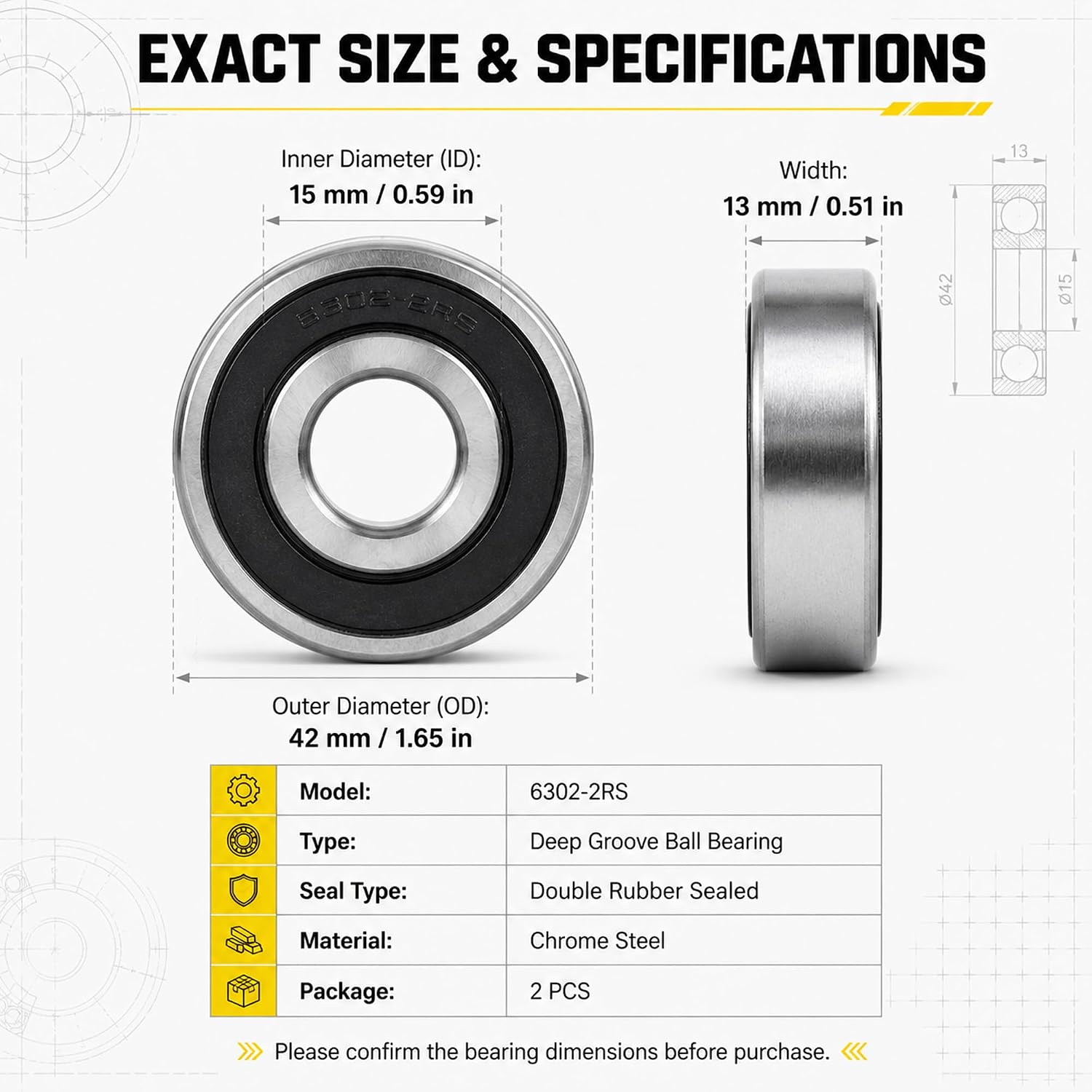 2-Pack 6302-2RS Miter Saw Ball Bearings for DW708 DW716 DW717 DWS780