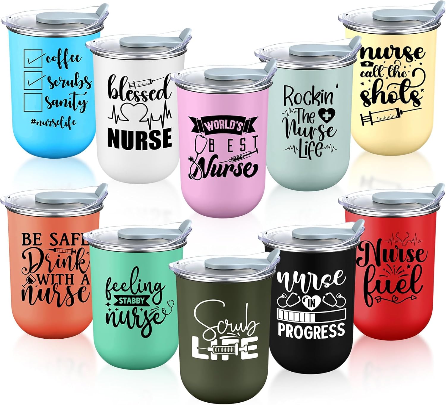 LemonRoad 10 Pcs Nurse Week Gifts Bulk Coffee Mugs 10 oz Thank You Cups with Lids Stainless Steel Tumblers for Nurses Appreciation Women Men Present (Morandi Colors,Best Nurse Ever)