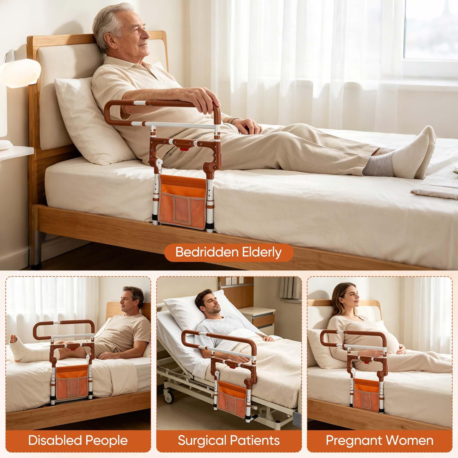 Sponda letto anziani pieghevole, sponde letto anziani regolabili | per materassi 20-33 cm, ausili per alzarsi dal letto con maniglia antiscivolo, tasca laterale e portata 200 kg