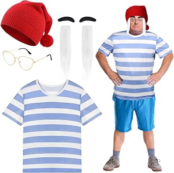 5Pcs Boatswain Costume Blue Striped Shirt Red Knit Beanie Hat Gold Glasses Eyebrows Mustaches Halloween Cosplay