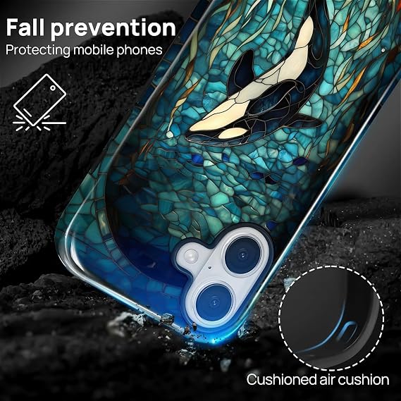 iPhone 17用ケース、ハイブリッド デュアルプロテクション ソフトTPU + ハードPC 耐衝撃カバー 傷防止 & スリム 保護 男女兼用 ケース ステンドグラス クジラ シャチ デザイン