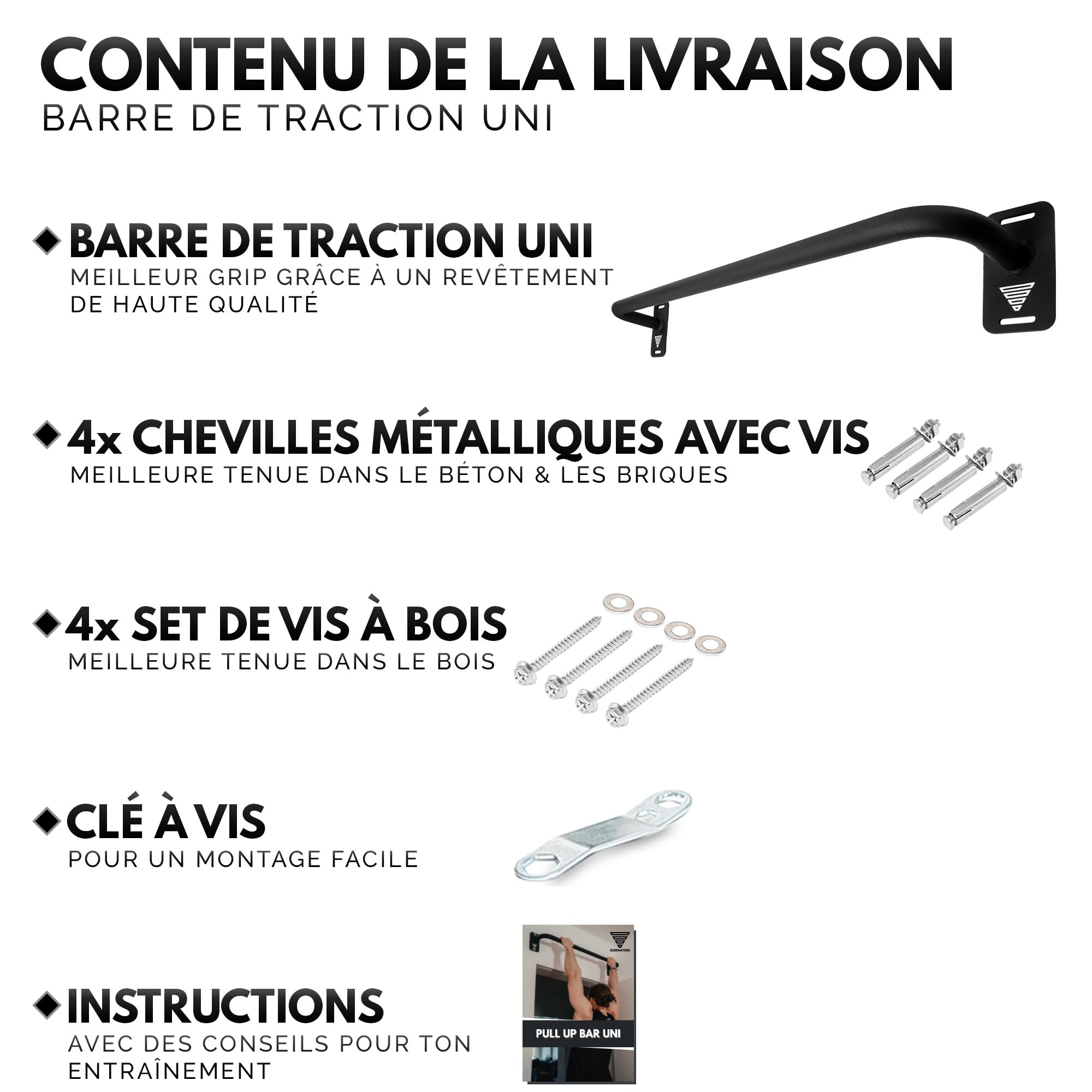 GORNATION Barre de Tractions pour Porte, Barre Fixe por Calisthenics, Parfaite pour Musculation, Pull Ups et Home Workouts, Compatible avec Toutes les Portes,