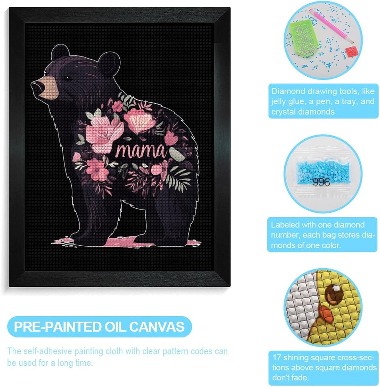 Bear Mama Diamond 5D Painting Kits with Frame DIY Full Round Drill Gem Art Crafts for Home Wall Decor 16 X 20in Blackwood 40 * 50cm