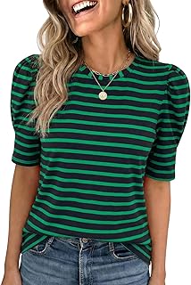 Dokotoo Women's Casual Short Puff Sleeve Crew Neck Striped T Shirts Summer Tops