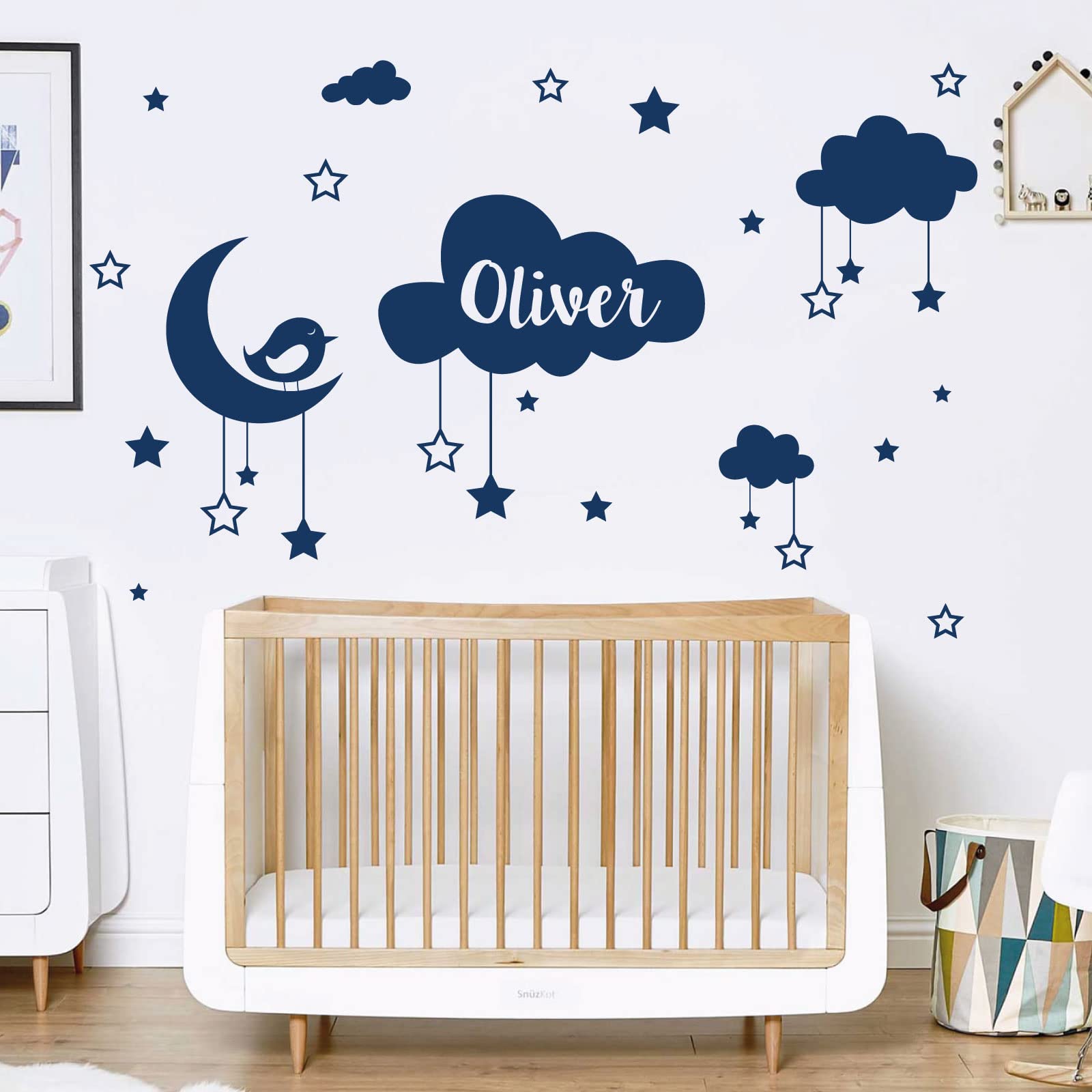 Personalised Name Baby Wall Sticker - Clouds, Stars, Moon & Bird [Large] [Ultramarine]