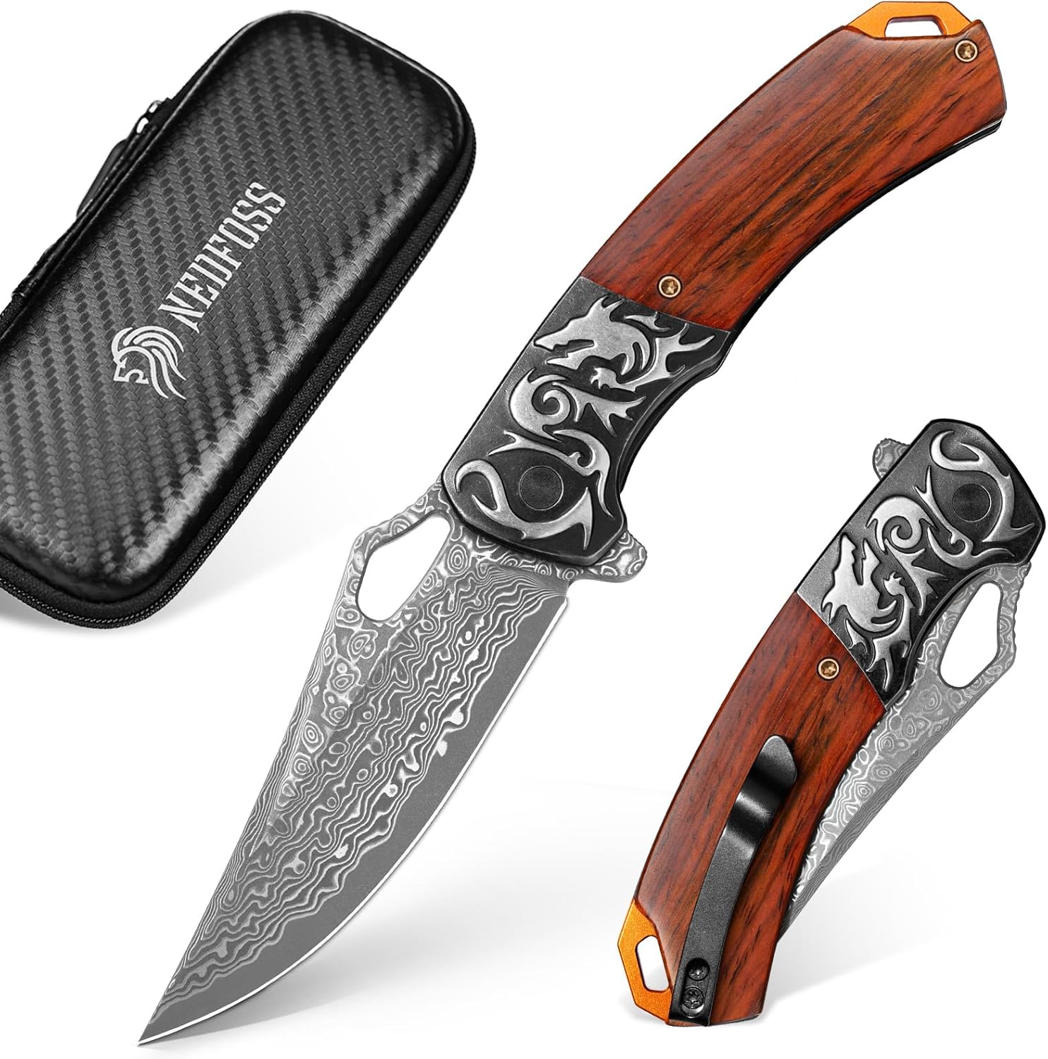 NedFoss Damascus Pocket Knives for Men, Handmade Forged VG10 Damascus Steel Folding Knife with Leather Sheath, Sandalwood Handle, Pocket Clip, Cool Knives Gifts for Men EDC (PTEROSAUR)