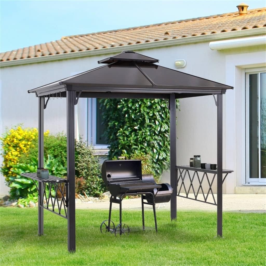 Outside Porch Pergola Canopy W/ 6 Hooks for Utensils & Venting Roof，for Outdoor BBQ and Enjoy A Party.