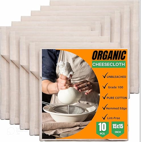 10 coladores de estopilla de grado 100, dobladillo de 15 x 15 pulgadas, sin blanquear, 100% algodón, gasa de muselina reutilizable ultra fina para