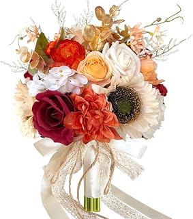 9 Inch Sunflower Wedding Bouquets for Bride Bridesmaid, Burgundy Red Ros...