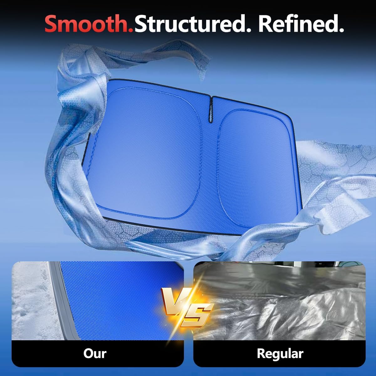 Windshield Sun Shade for Cars, Front Windshield Sunshade with Custom-Fit Design, Wrinkle-Resistant Stretch Fabric, Heat & UV Blocking, Foldable Car Sun Shade, Titanium Silver & Ice Blue (Medium)