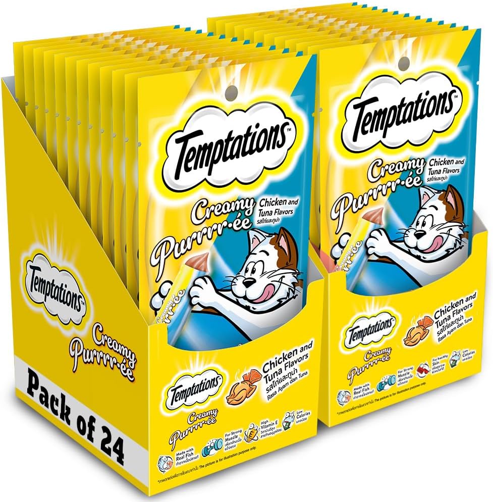 - Creamy Purrrrr-ée Lickable Cat Treats, Chicken & Tuna Flavour, 48g, (Pack of 24), Made with Real Fish, Goodness of Protein, Vitamins & Minerals, All Life Stages