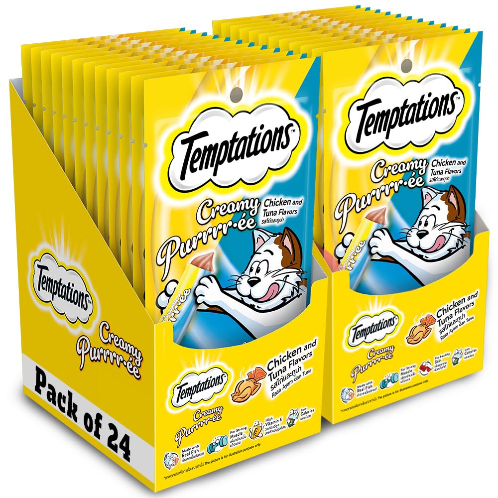 Temptations Creamy Purrrrr-ée Lickable Cat Treats, Chicken & Tuna Flavour, 48g, (Pack of 24), Made with Real Fish, Goodness of Protein, Vitamins & Minerals, All Life Stages