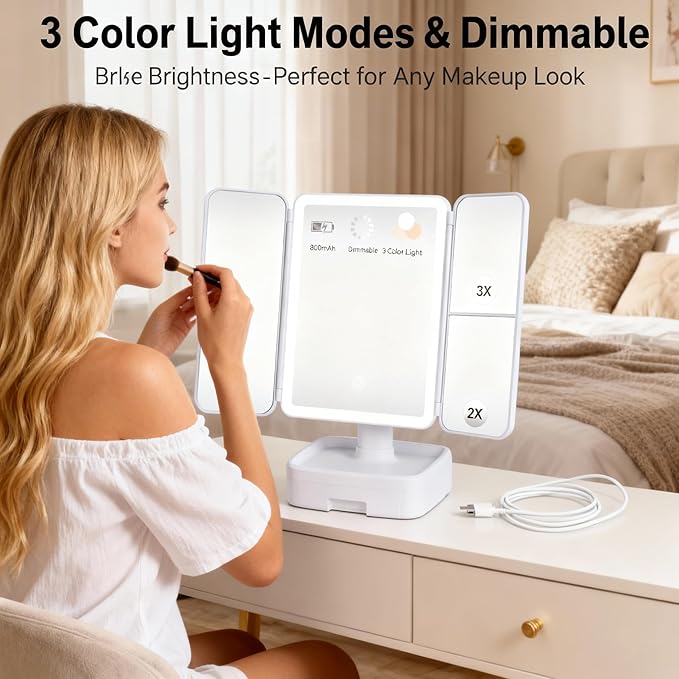 Espejo de Maquillaje con Luz LED, 1X/2X/3X Aumento, Rechargeable miniatura 4