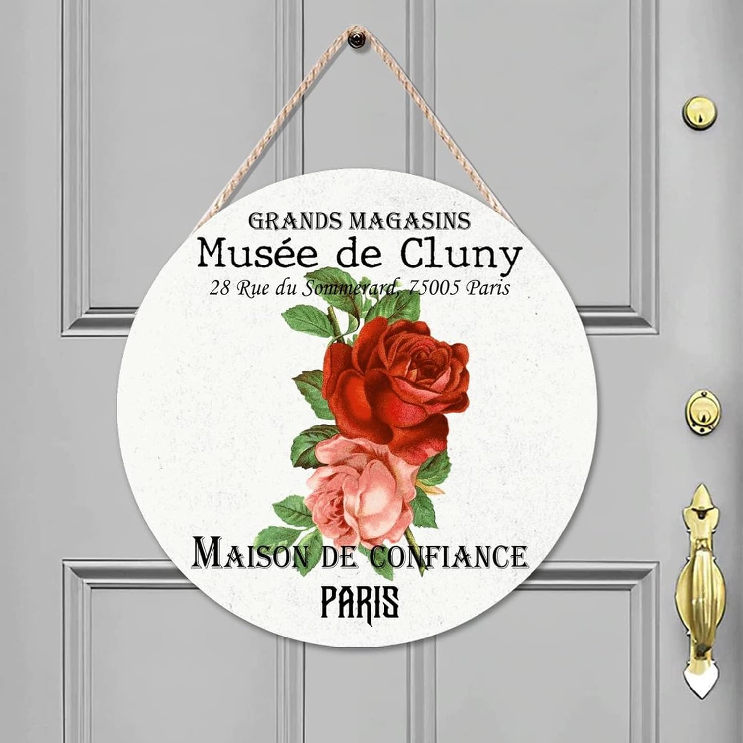 Vintage Flower Front Door Round Wood Sign, Vintage Wood Door Sign, 16x16in Custom Calligraphy Wall Door Hanging Sign for Front Door Entryway Porch Bar Pub Housewarming Gifts
