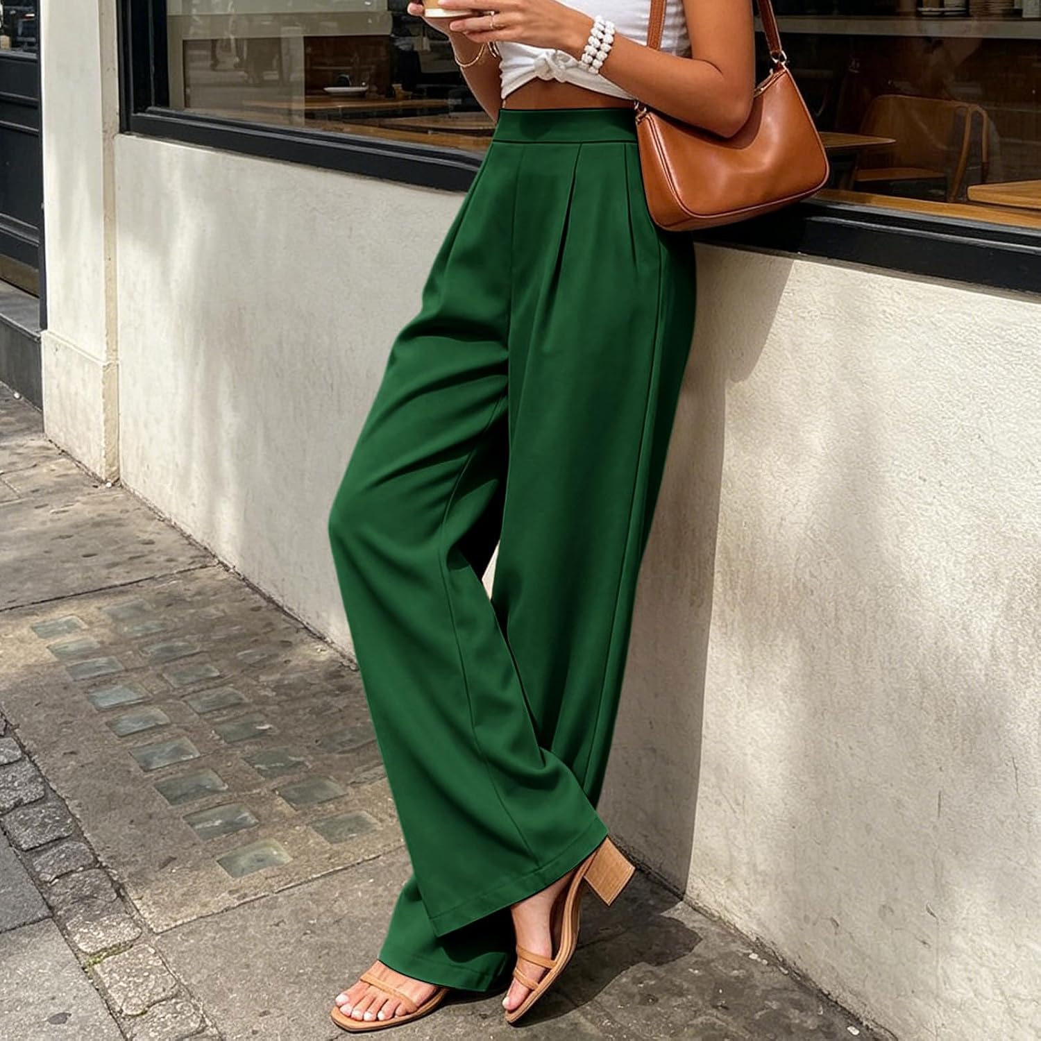 Womens Wide Leg Dress Pants High Waist Stretch Slacks Work Pants Ruched Business Casual Office Trousers with Pockets