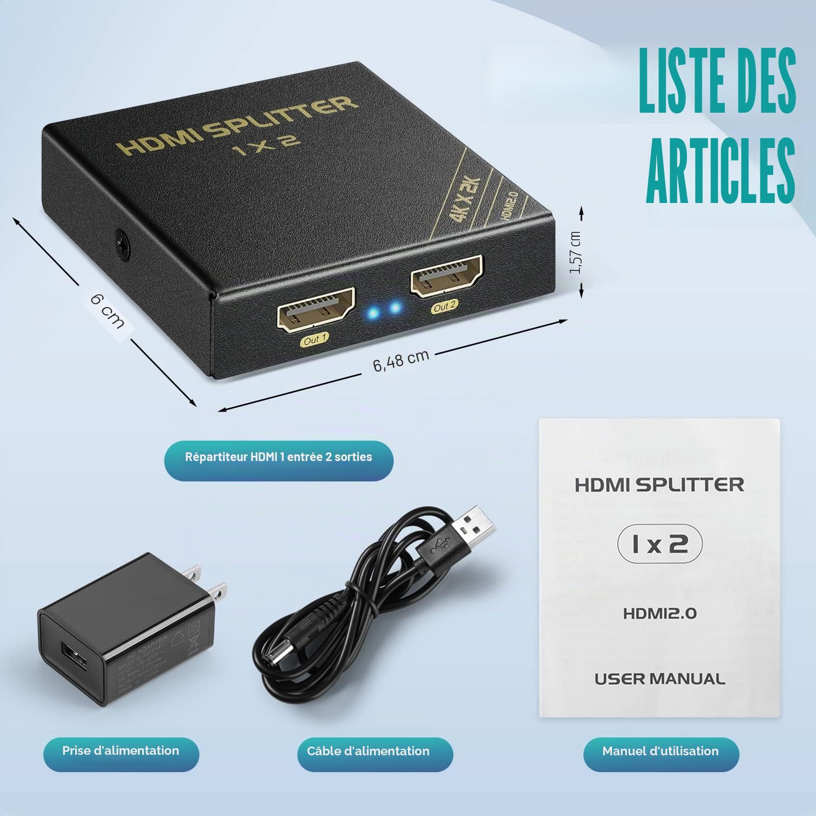Splitter HDMI HBAVLINK 1 entrée 2 Sorties 4K 60Hz – Bypass HDCP 2.3, HDR, Dolby/DTS 5.1/7.1 – Compatible avec Firestick, PS3/PS5, Elgato HD60s/x/Pro, Apple TV 4K, Retrotink, Roku Stick