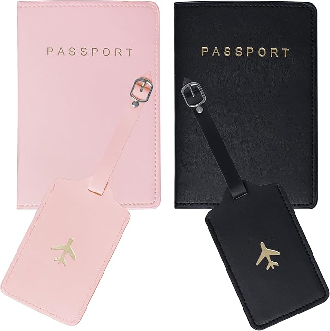 2 Set Passport Wallets Travel Holder and Luggage Tags Passport Covers Travel Luggage Tags Suitcase Tag for Couples Wedding Bridal Shower Gift(Pink,Black)